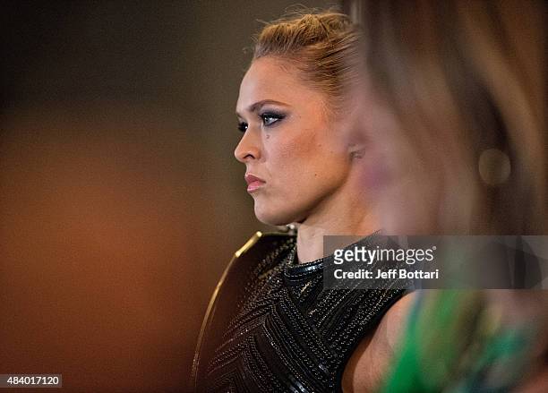 Women's bantamweight champion Ronda Rousey poses for the media during the UFC 190 Ultimate Media Day at the Sheraton Rio Hotel on July 30, 2015 in...