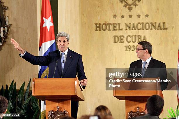 Secretary of State John Kerry and Cuban Minister of Foreign Affairs Bruno Rodriguez Parrilla give a joint press conference in the Hotel Nacional...