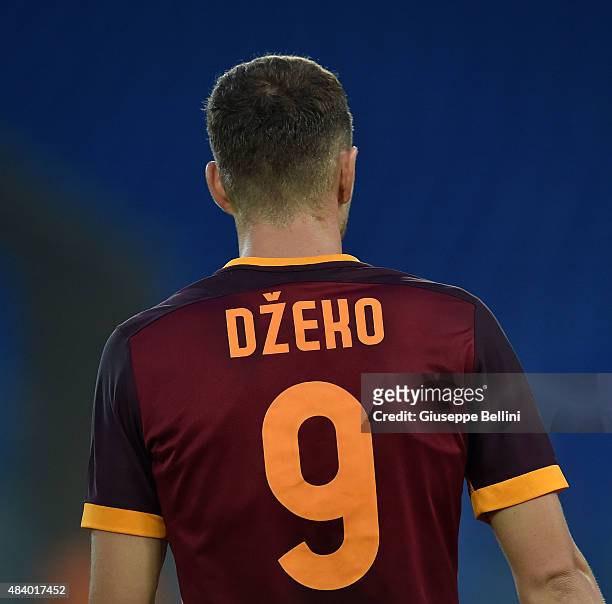 Edin Dzeko of AS Roma in action during the pre-season friendly match between AS Roma and Sevilla FC at Olimpico Stadium on August 14, 2015 in Rome,...