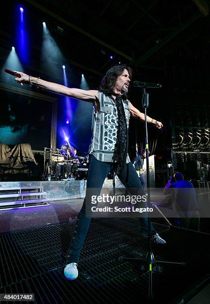 Kelly Hansen of Foreigner performs during the First Kiss: Cheap Date Tour at DTE Energy Music Theater on August 7, 2015 in Clarkston, Michigan.