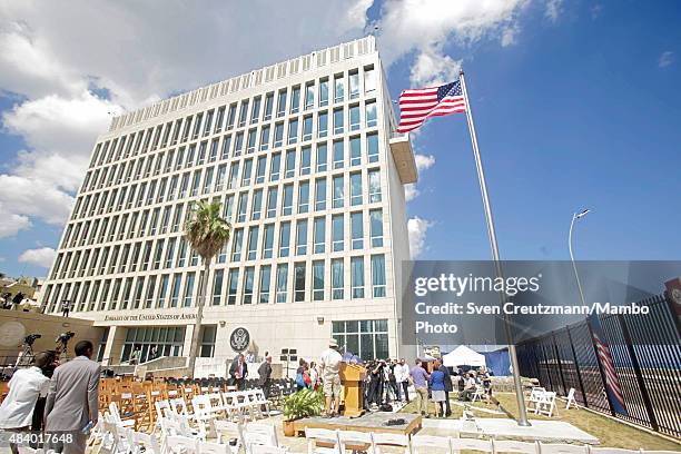 The U.S. Flag flies at the U.S. Embassy in Cuba, after the flag-raising ceremony led by U.S. Secretary of State John Kerry, on August 14 in Havana,...