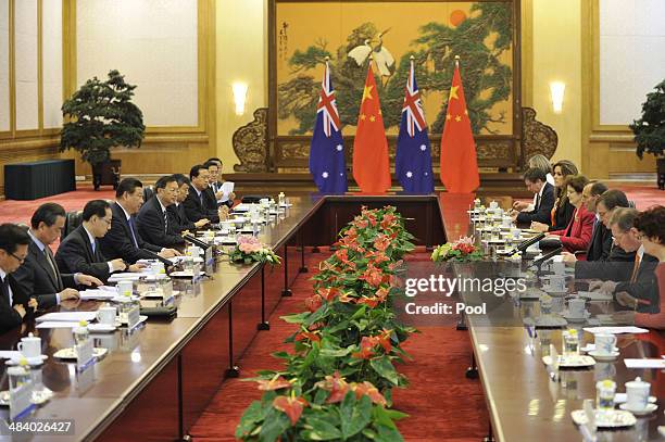 Chinese President Xi Jinping meets with Australian Prime Minister Tony Abbott at the Great Hall of the People on April 11, 2014 in Beijing, China....