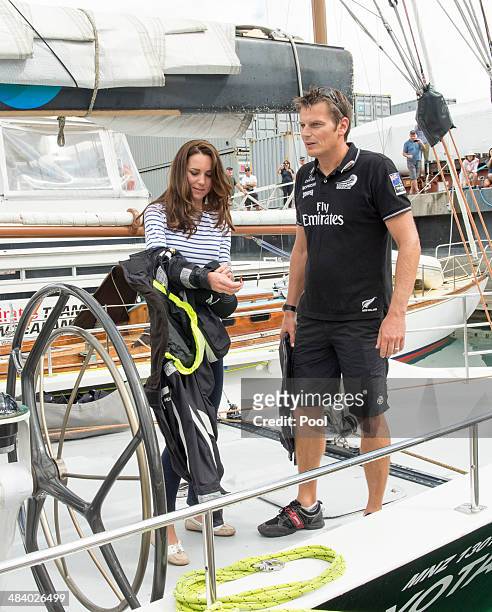 Catherine, Duchess of Cambridge on board an America's Cup yacht in Auckland Harbour on April 11, 2014 in Auckland, New Zealand. The Duke and Duchess...