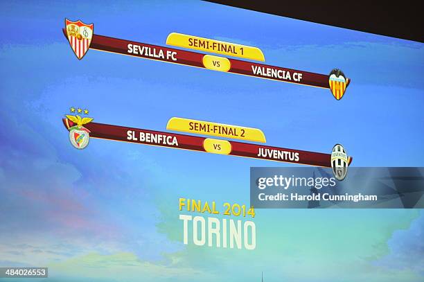 Results are displayed after the UEFA Europa League 2013/14 season semi-finals draw at the UEFA headquarters, The House of European Football, on April...