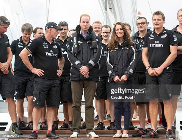Catherine, Duchess of Cambridge and Prince William, Duke of Cambridge on board an America's Cup yacht in Auckland Harbour on April 11, 2014 in...