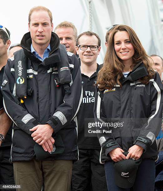 Catherine, Duchess of Cambridge and Prince William, Duke of Cambridge on board an America's Cup yacht in Auckland Harbour on April 11, 2014 in...