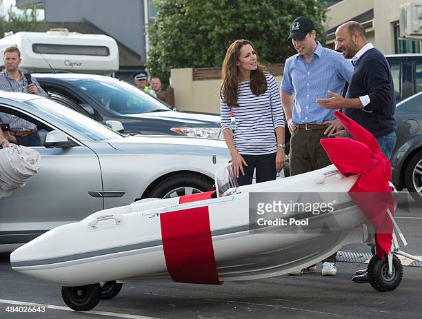 Catherine, Duchess of Cambridge and Prince William, Duke of Cambridge are presented with a minature Sealegs amphibious marine craft in Auckland...