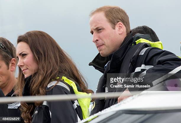 Prince William, Duke of Cambridge and Catherine, Duchess of Cambridge on board 'Sealegs' during their visit to Auckland Harbour on April 11, 2014 in...