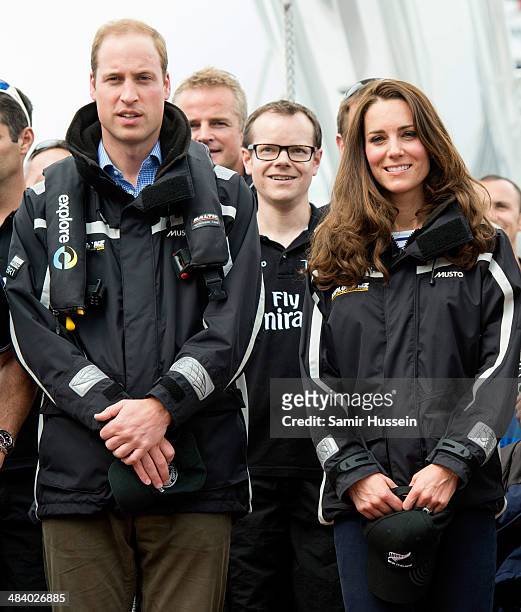 Prince William, Duke of Cambridge and Catherine, Duchess of Cambridge pose before boarding 'Sealegs' during their visit to Auckland Harbour on April...
