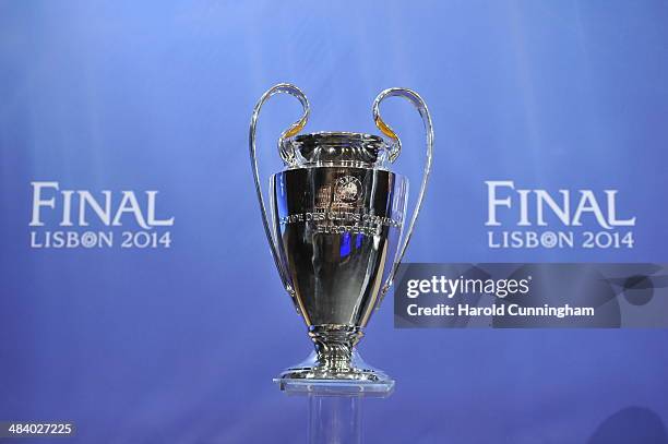 General view of the Champions League trophy during the UEFA Champions League 2013/14 season semi-finals draw at the UEFA headquarters, The House of...