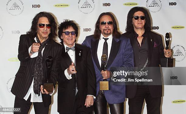 Inductees Paul Stanley, Peter Criss, Ace Frehley and Gene Simmons of KISS attend the 29th Annual Rock And Roll Hall Of Fame Induction Ceremony at...