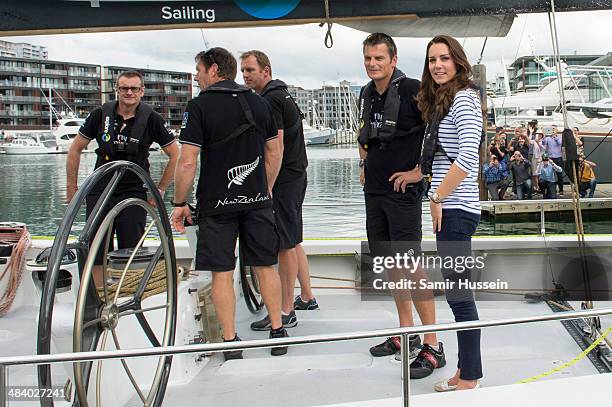 Catherine, Duchess of Cambridge boards the New Zealand's Americas Cup Team yacht during their visit to Auckland Harbour on April 11, 2014 in...