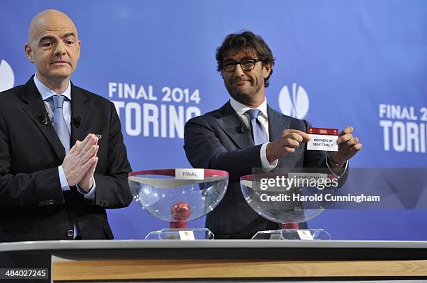 Ambassador for the final Ciro Ferrara draws winners of semi-final 1 during the UEFA Europa League 2013/14 season final draw at the UEFA headquarters,...