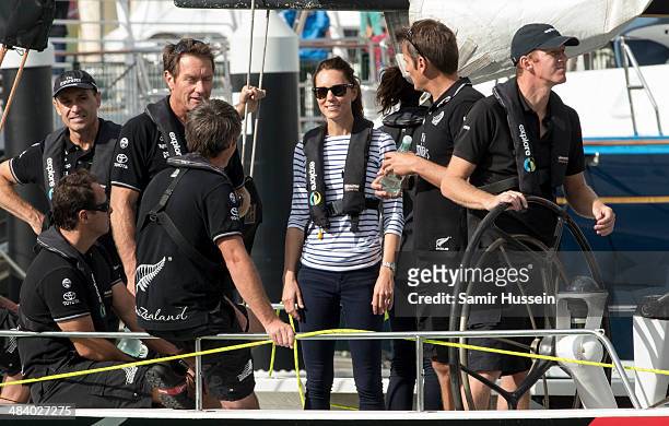 Catherine, Duchess of Cambridge looks on from the New Zealand's Americas Cup Team yacht during their visit to Auckland Harbour on April 11, 2014 in...