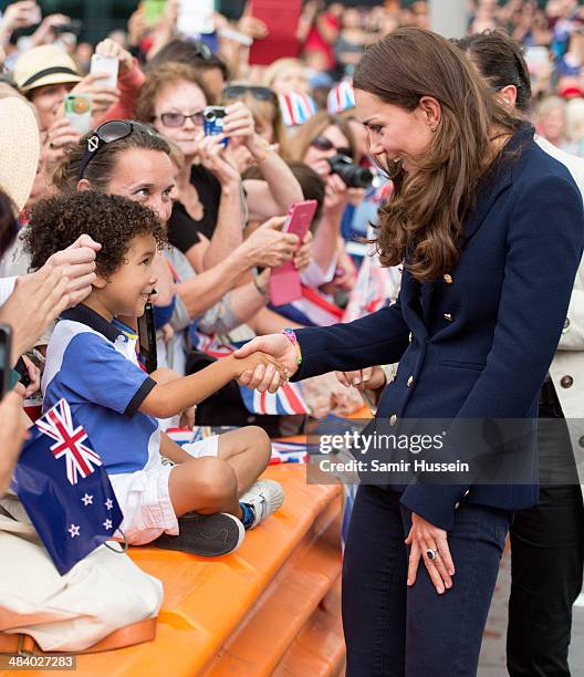 Catherine, Duchess of Cambridge meets wellwishers during their visit to Auckland Harbour on April 11, 2014 in Auckland, New Zealand. The Duke and...