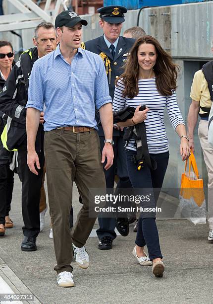 Catherine, Duchess of Cambridge and Prince William, Duke of Cambridge walk together to go sailing during their visit to Auckland Harbour on April 11,...