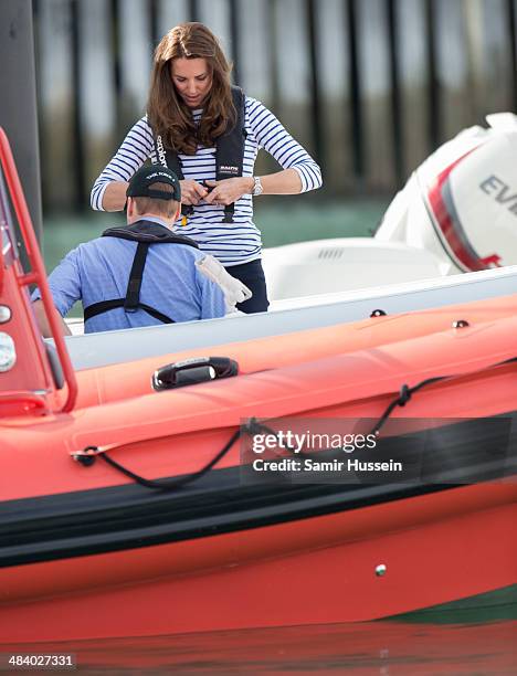 Prince William, Duke of Cambridge and Catherine, Duchess of Cambridge ride 'Sealegs' during their visit to Auckland Harbour on April 11, 2014 in...