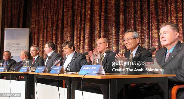 Nobel Prize in Chemistry laureates Akira Suzuki and Eiichi Negishi attend a press confenrece ahead of the Nobel Prize Award Ceremony on December 7,...