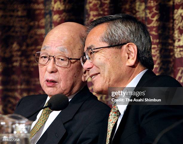 Nobel Prize in Chemistry laureates Akira Suzuki and Eiichi Negishi attend a press conference ahead of the Nobel Prize Award Ceremony on December 7,...