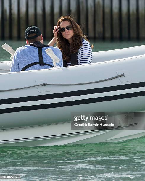 Prince William, Duke of Cambridge and Catherine, Duchess of Cambridge ride 'Sealegs' during their visit to Auckland Harbour on April 11, 2014 in...