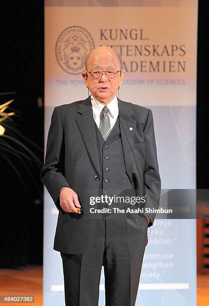 Nobel Prize in Chemistry Akira Suzuki addresses during the memorial lecture ahead of the Nobel Prize Award Ceremony on December 8, 2010 in Stockholm,...