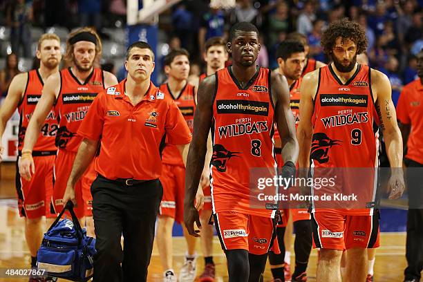 Wildcats players leave the court after game two of the NBL Grand Final series between the Adelaide 36ers and the Perth Wildcats at Adelaide...