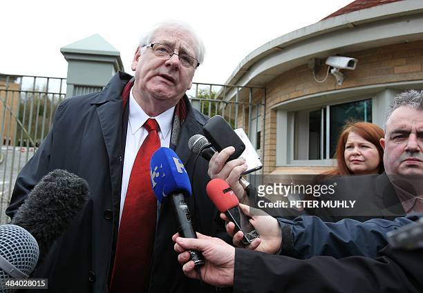 Michael Gallagher, whose son Aidan was killed during the Omagh bombing, speaks to the media after prominent Irish republican Seamus Daly arrived for...