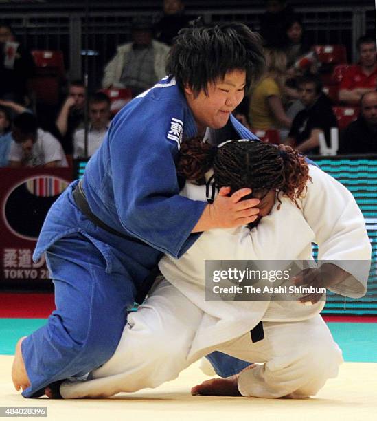 Megumi Tachimoto of Japan and Idalys Ortiz of Cuba compete in the Women's +78kg final during day three of the Judo Grand Slam at Tokyo Metropolitan...