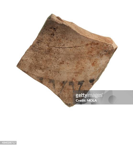 Fragment of Roman amphora with painted inscription, from the 1977 excavation at 213 Borough High Street, Southwark, London.