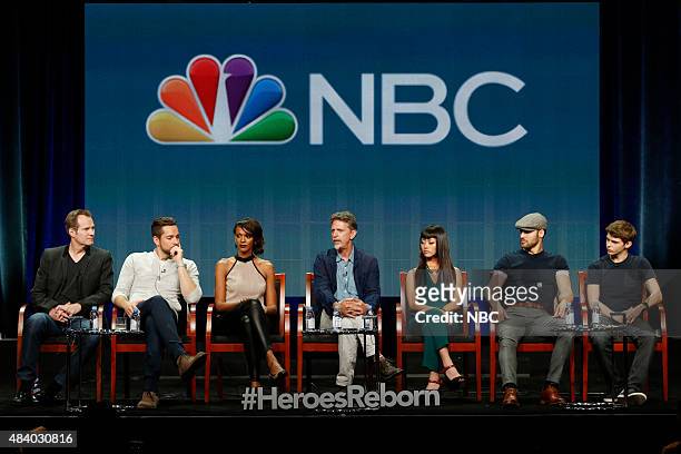 NBCUniversal Press Tour, August 2015 -- NBC's "Heroes Reborn" Session -- Pictured: Jack Coleman, Zachary Levi, Judi Shekoni, Tim Kring, Executive...