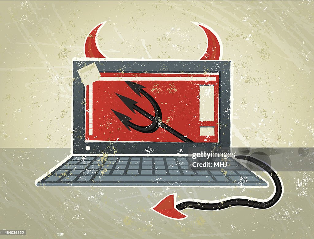 Demon Using A Computer Devil Laptop Computer With Horns And A Tail High-Res Vector Graphic ...