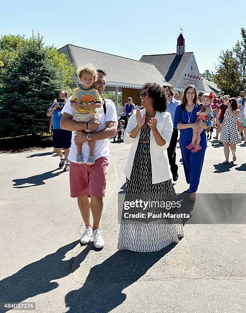 Aden Housley, Adam Housley and Tamera Mowry attend the Edaville USA And Mattel Grand Opening Of "Thomas Land" on August 14, 2015 in Carver,...