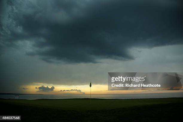 General view of the 16th green as foul weather approaches during the second round of the 2015 PGA Championship at Whistling Straits on August 14,...