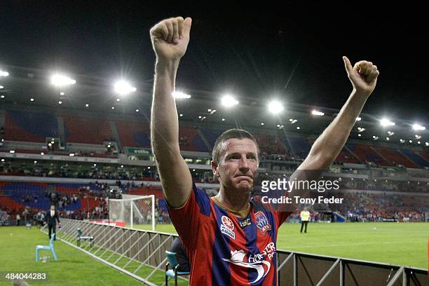 Michael Bridges of the Jets celebrates his last game for the team during the round 27 A-League match between the Newcastle Jets and Adelaide United...
