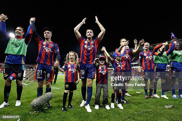 Michael Bridges of the Jets celebrates his last game for the team during the round 27 A-League match between the Newcastle Jets and Adelaide United...