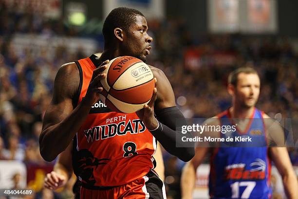 James Ennis of the Wildcats wins the ball during game two of the NBL Grand Final series between the Adelaide 36ers and the Perth Wildcats at Adelaide...