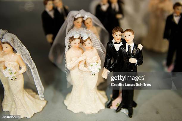 Same-sex wedding cake toppers in Tati's historic first store under renovation, on September 30 in Paris, France. Tati is a brand of discounted...