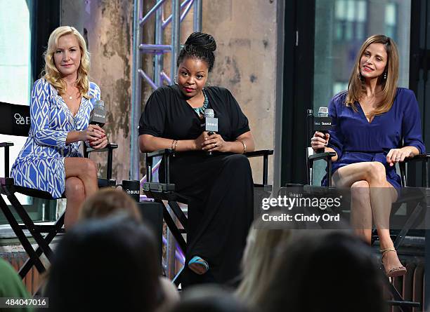 Actresses Angela Kinsey, Tymberlee Hill and Andrea Savage attend AOL Build Presents: 'The Hotwives of Las Vegas' at AOL Studios on August 14, 2015 in...