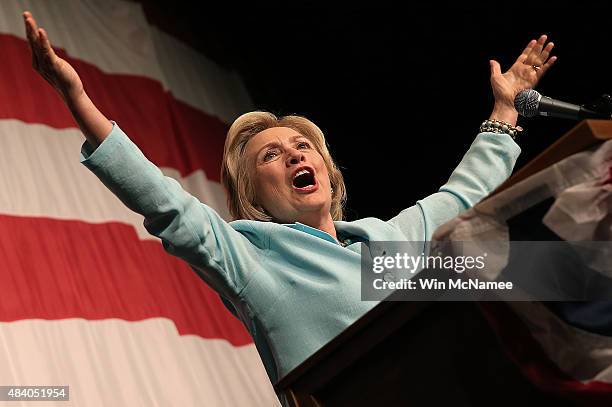 Democratic presidential candidate Hillary Clinton speaks at the Iowa Democratic Wing Ding August 14, 2015 in Clear Lake, Iowa. The Wing Ding is held...
