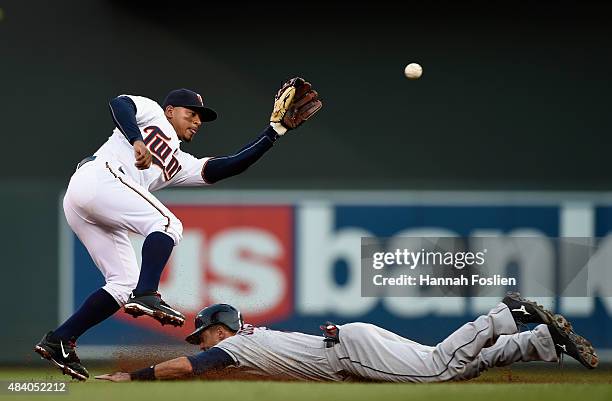 Lonnie Chisenhall of the Cleveland Indians steals second base as Eduardo Escobar of the Minnesota Twins fields the ball during the second inning of...