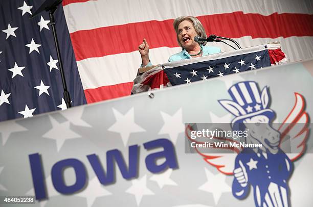 Democratic presidential candidate Hillary Clinton speaks at the Iowa Democratic Wing Ding August 14, 2015 in Clear Lake, Iowa. The Wing Ding is held...