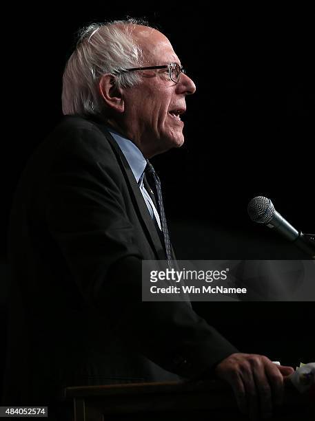 Democratic presidential candidate Sen. Bernie Sanders speaks at the Iowa Democratic Wing Ding August 14, 2015 in Clear Lake, Iowa. The Wing Ding is...