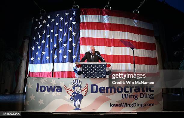 Democratic presidential candidate Sen. Bernie Sanders speaks at the Iowa Democratic Wing Ding August 14, 2015 in Clear Lake, Iowa. The Wing Ding is...