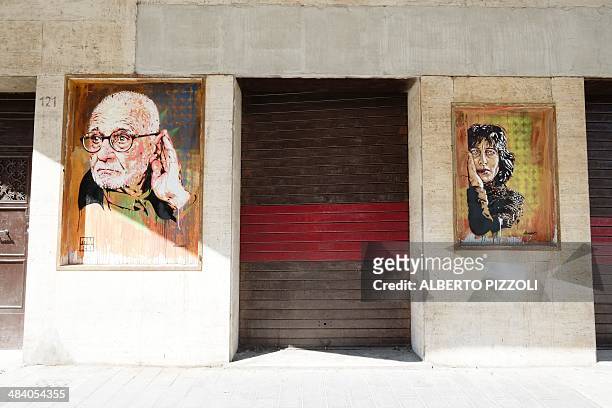 Picture shows graffitis depicting Italian director Mario Monicelli and Italian actress Anna Magniani by Italian artist David "Diavù" Vecchiato on the...