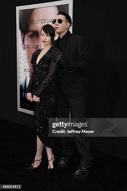 Musician Marilyn Manson and Lindsay Usich arrive at the 'Transcendence' - Los Angeles Premiere at Regency Village Theatre on April 10, 2014 in...