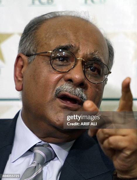 Pakistan Cricket Board chairman, Najam Sethi speaks during a press conference in Lahore on April 11, 2014. Sethi said his country will get eight...