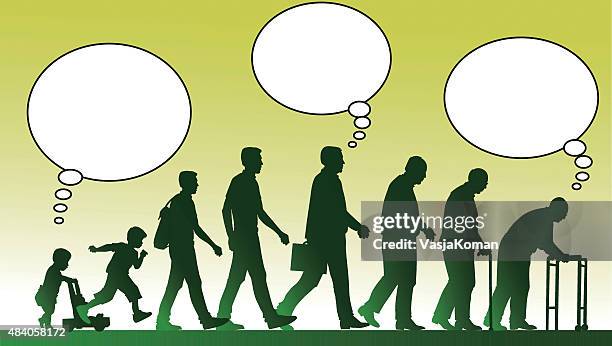 aging process with people and speech balloons - human life cycle stock illustrations