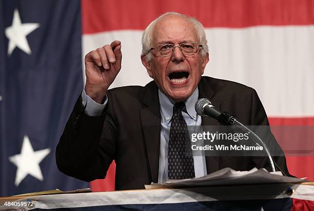 Democratic presidential candidate Sen. Bernie Sanders speaks at the Iowa Democratic Wing Ding August 14, 2015 in Clear Lake, Iowa. The Wing Ding is...