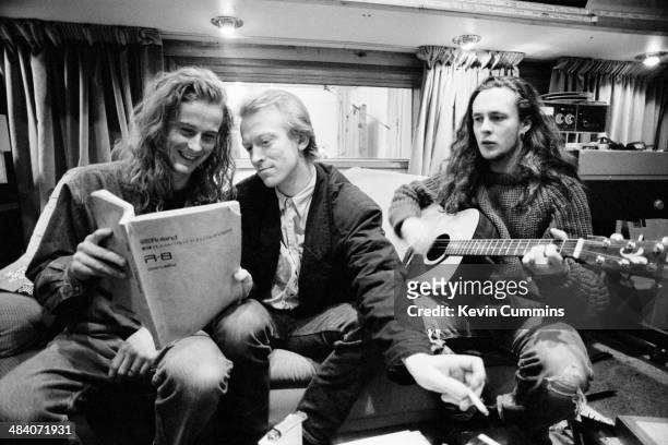 Drummer Martin Gilks and singer Miles Hunt , of English pop group The Wonder Stuff at Rockfield Studios, near Monmouth in Wales, December 1989. The...