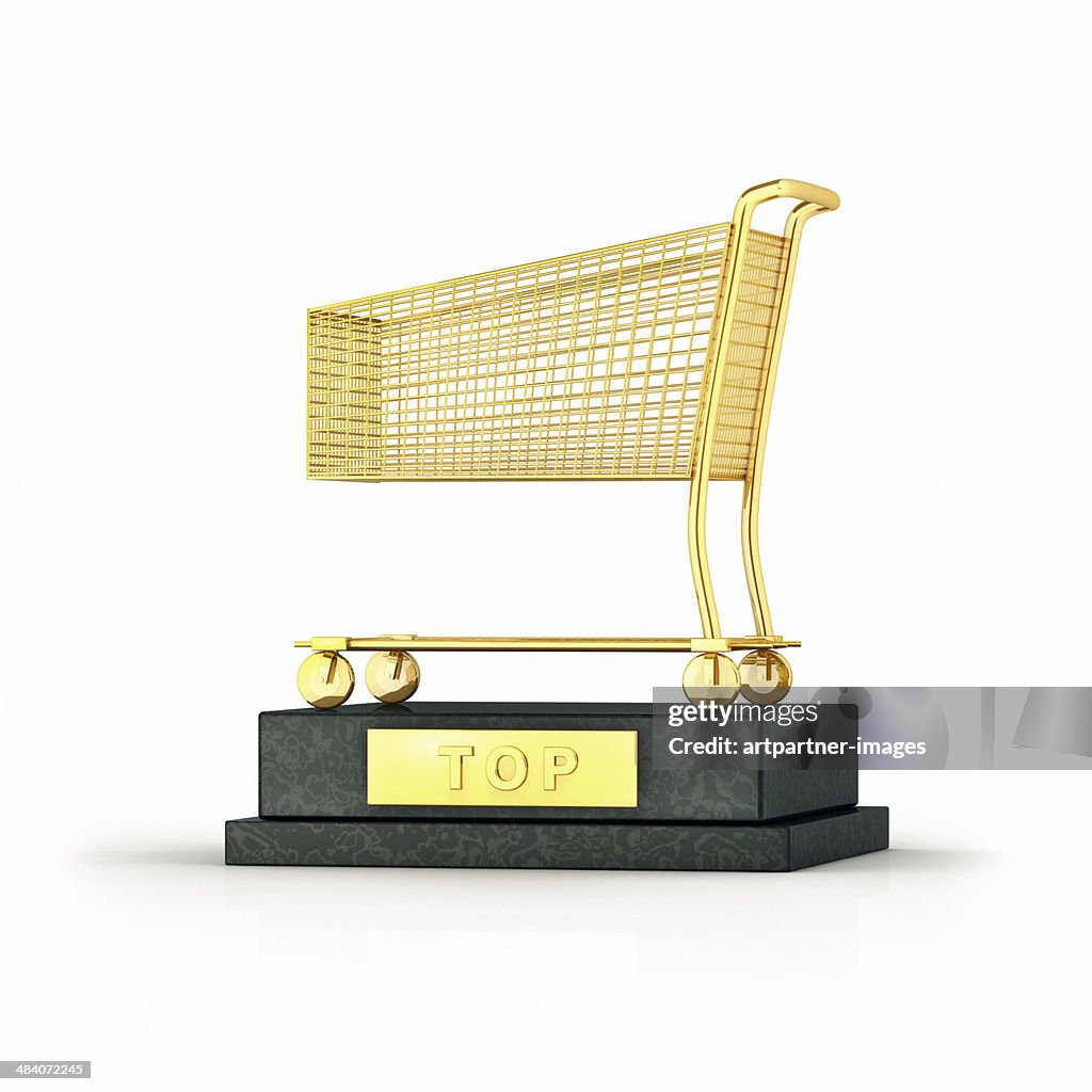 Trophy with a golden shopping cart on white
